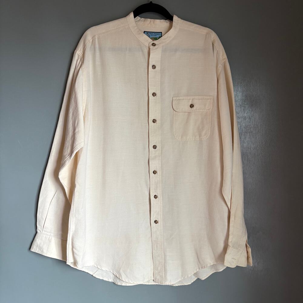 Vintage OHIO HEMPERY Men's XL Cream White 100% Cotton Collarless Grandad Shirt